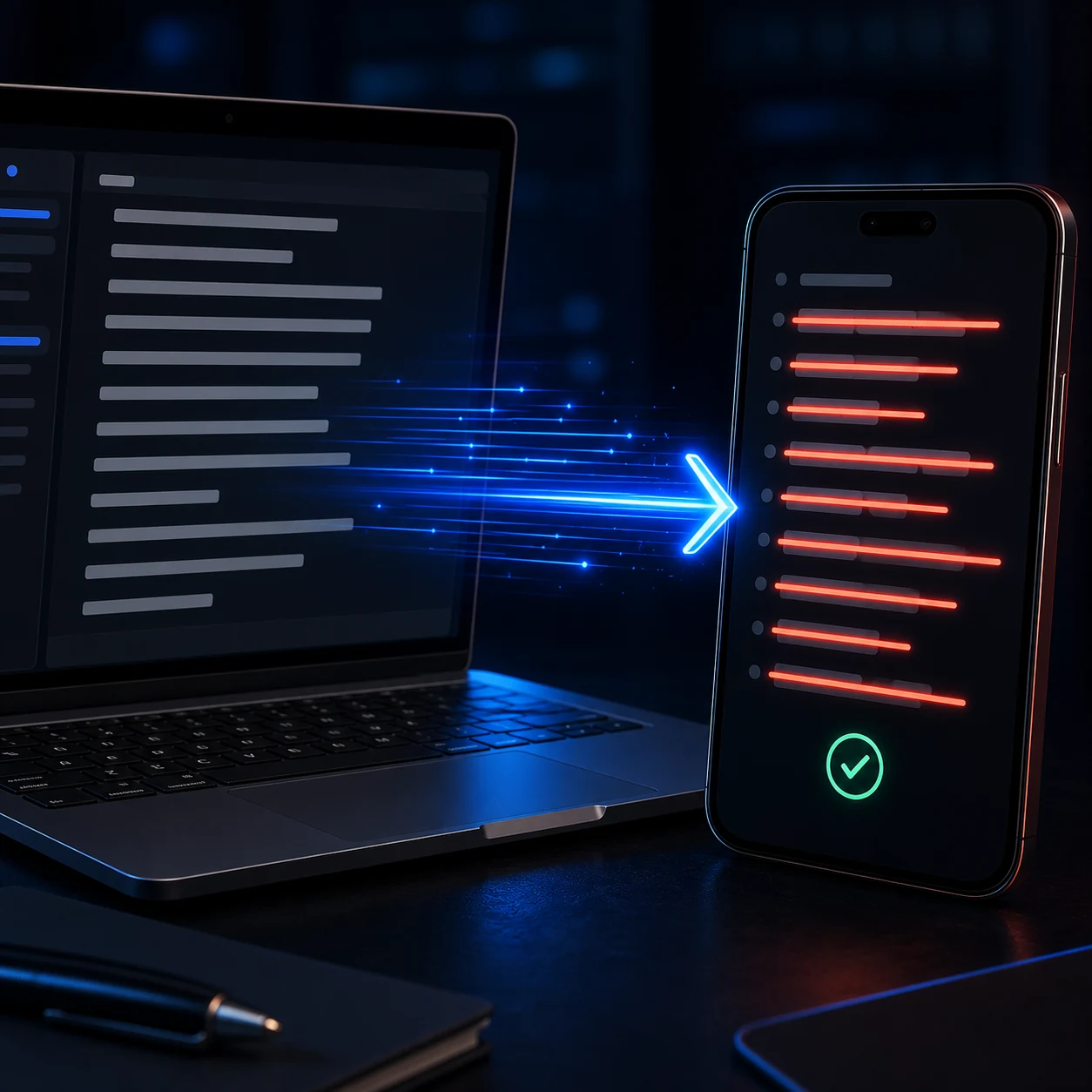 A laptop and smartphone displaying matching crossed out text that stays intact across devices
